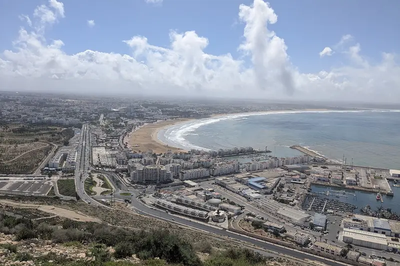 View from Agadir Oufella over the port, the city and the curve of Agadir bay