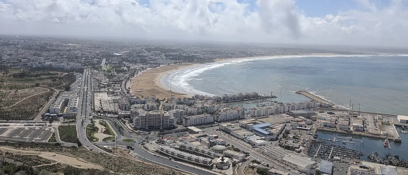 View from Agadir Oufella over the port, the city and the curve of Agadir bay